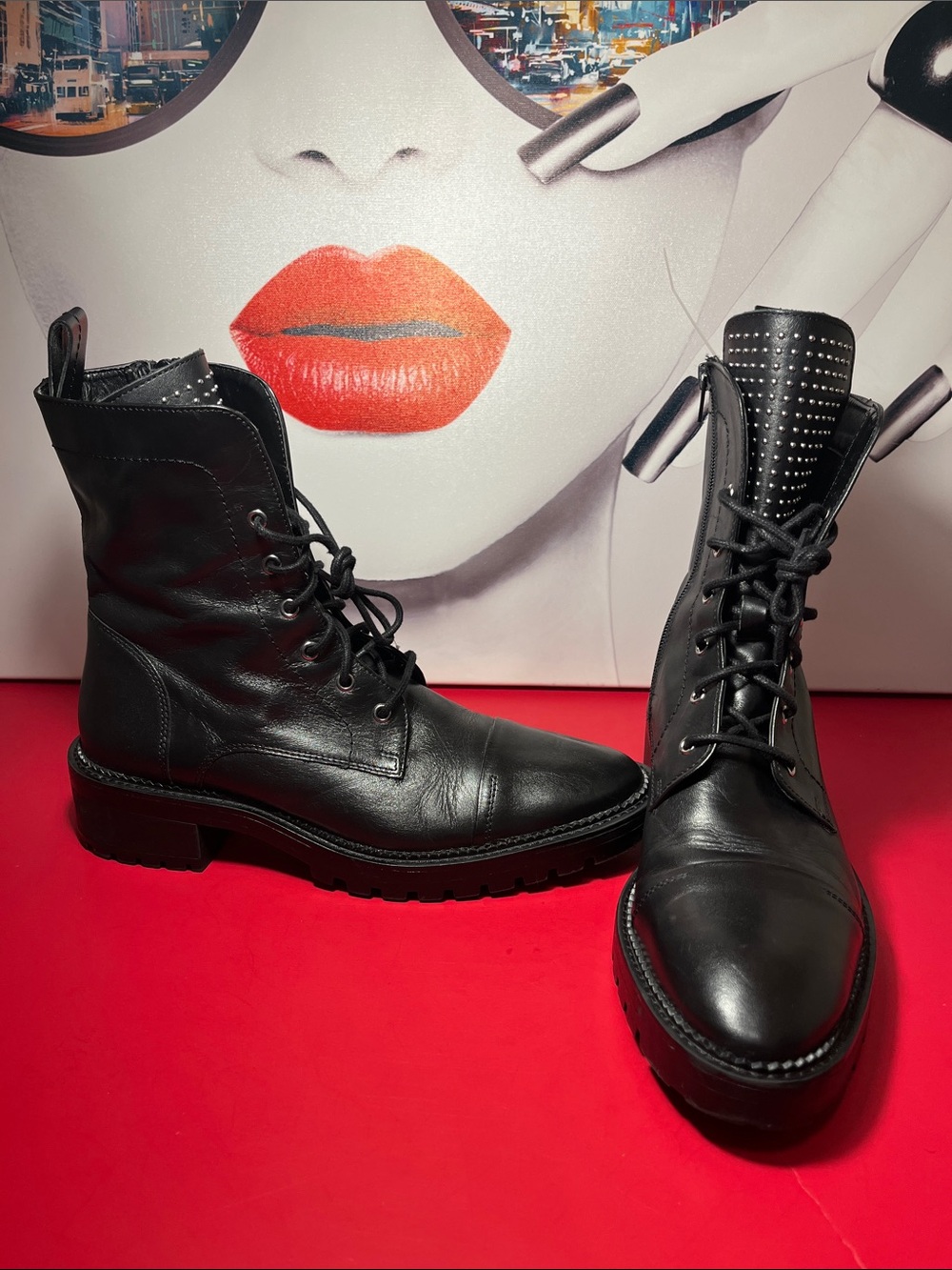 Zara Black Leather Studded-Tongue Combat Boots